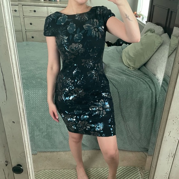 Calvin Klein Blue Floral Sequin Dress With Cowl Back Detail - Picture 8 of 14